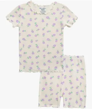 Shirring Purple Blossom Short Sleeve Pajamas