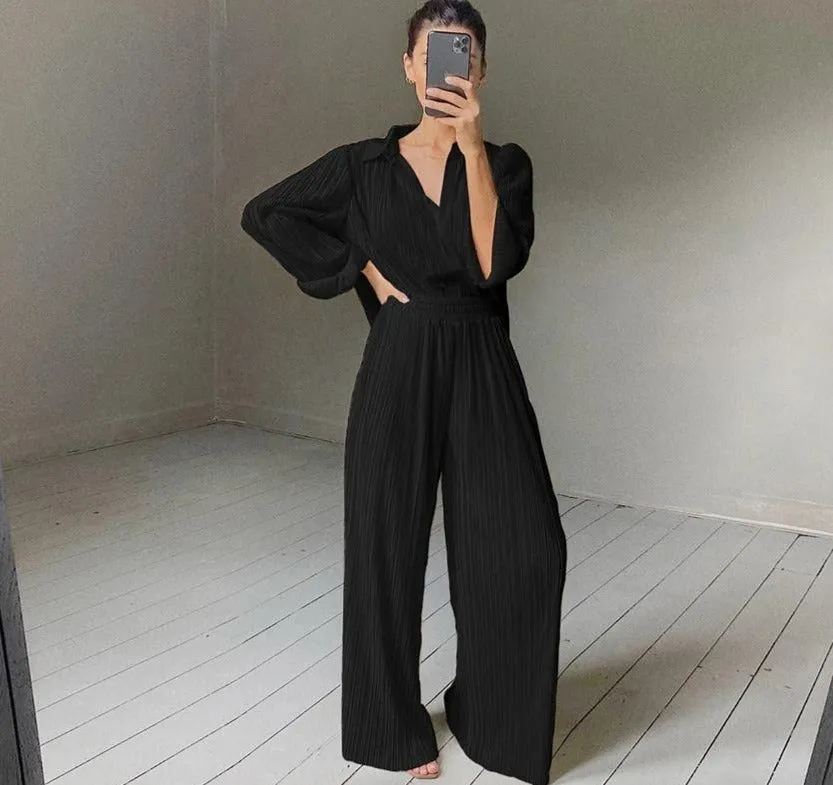 Soft Pleated Wide Leg Pant & Shirt set