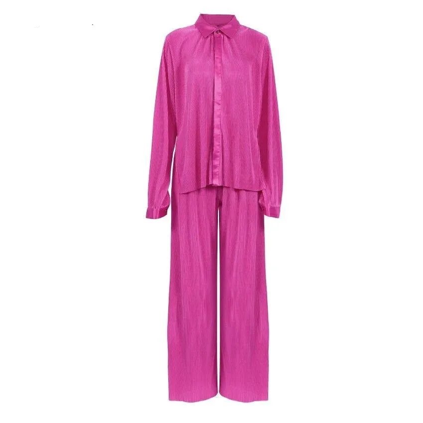 Soft Pleated Wide Leg Pant & Shirt set