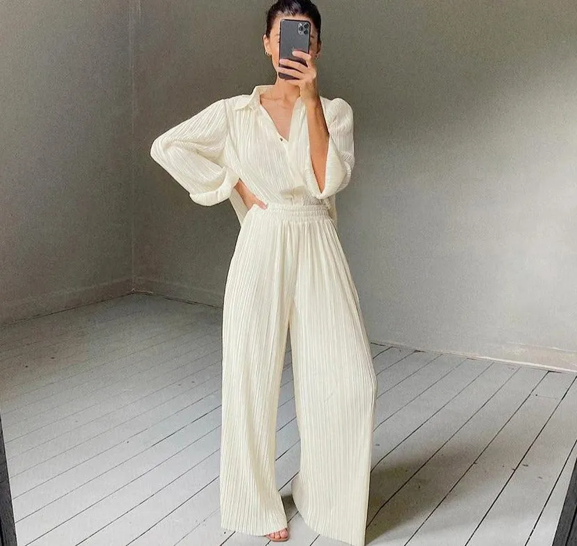 Soft Pleated Wide Leg Pant & Shirt set